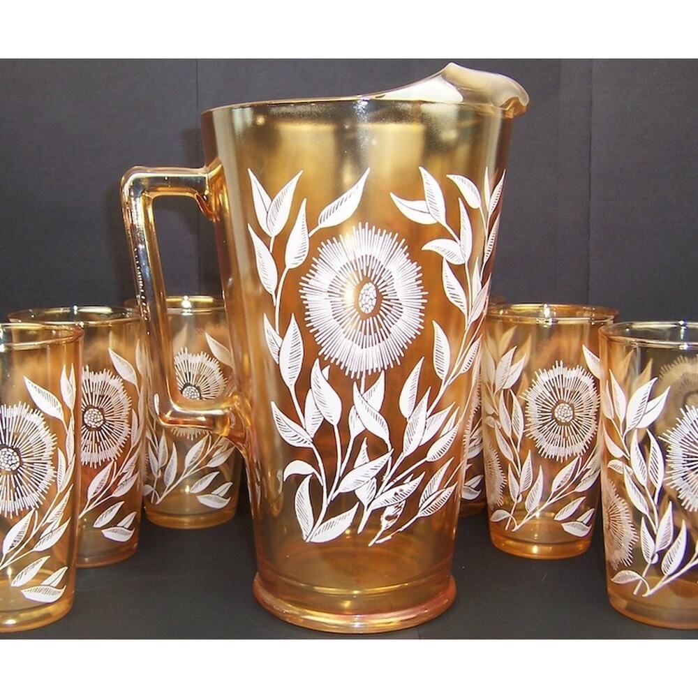 Vintage Jeannette Marigold Carnival Glass Cosmos Pitcher 6 Tumbler Set 1950s - Picture 6 of 15